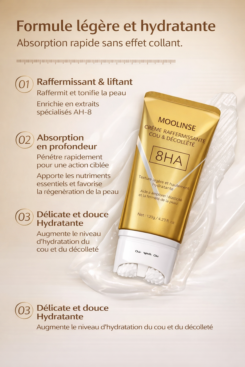 Crème Raffermissante Cou et Décolleté AH-8 - Lifting Peptides Anti-Âge 120g